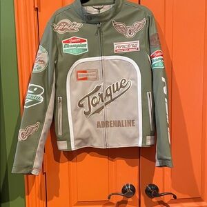 Majestic Olive and Beige Leather Racing Jacket